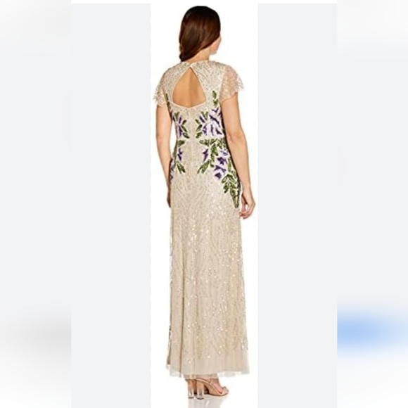 Adrianna Papell Floral Beaded Sweetheart Neck Cap Sleeves Shealth Long Gown 12 - Picture 3 of 16
